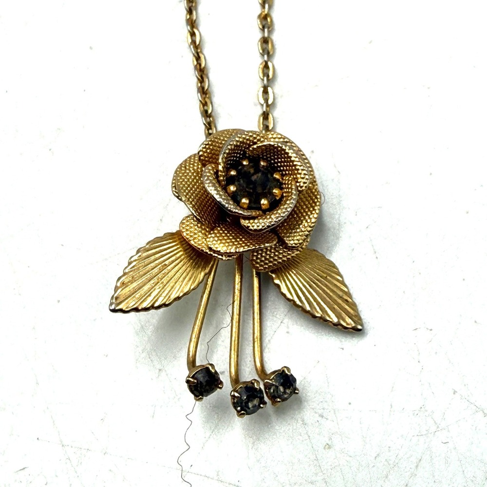 Vintage Gold Tone Rose Pendant Necklace Rhinestone Floral Botanical Jewelry
